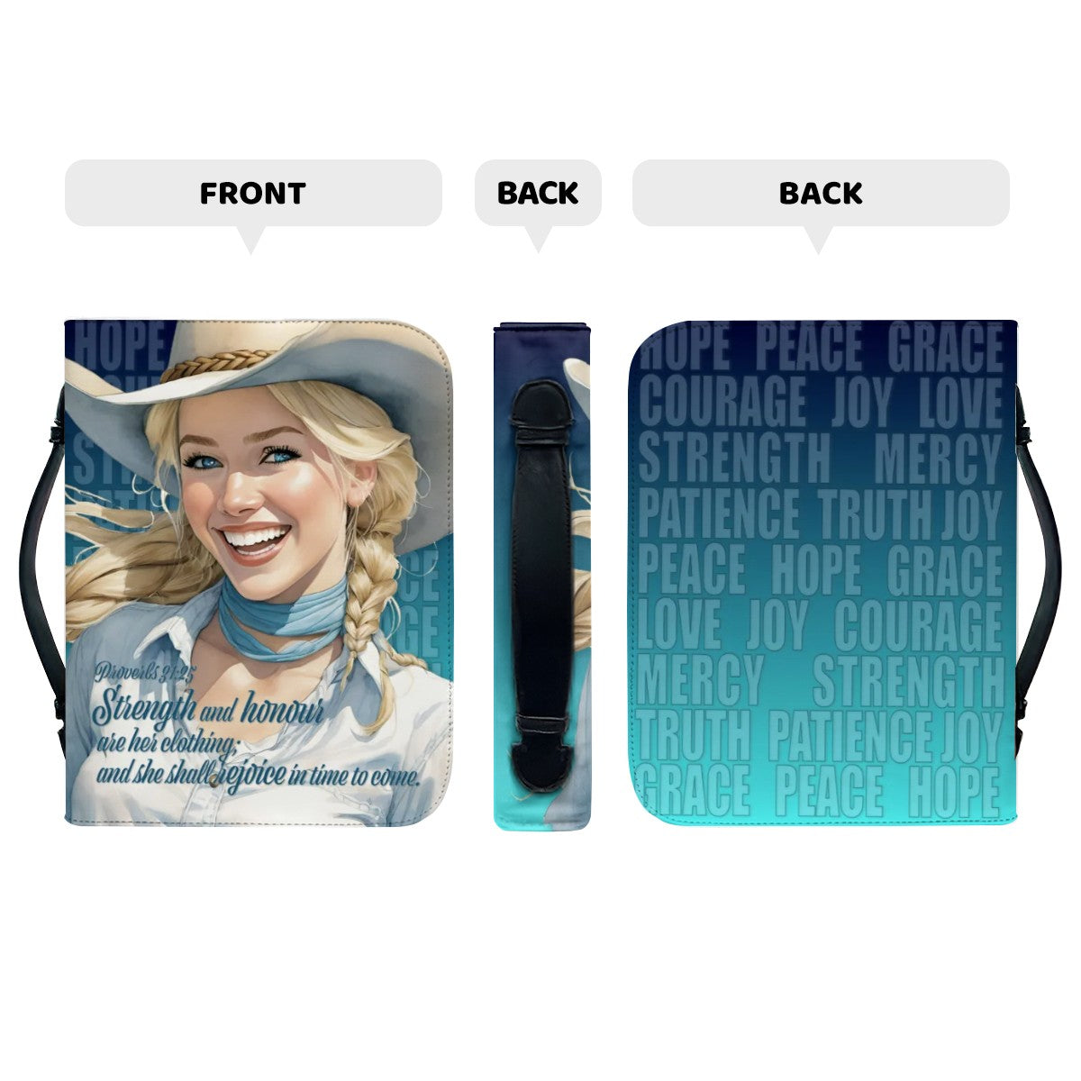 "Uplifted" Joyful Cowgirl Proverbs 46:5 Faux Leather Bible Cover - Blue (4 Sizes)