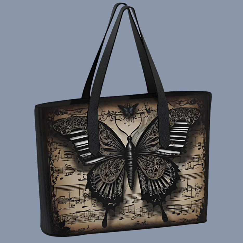 Oversize high quality vegan leather tote bag shown with black details. Beautiful antique-look piano inspired butterfly imprint over antiqued sheet music. Bag available with alternative brown details.