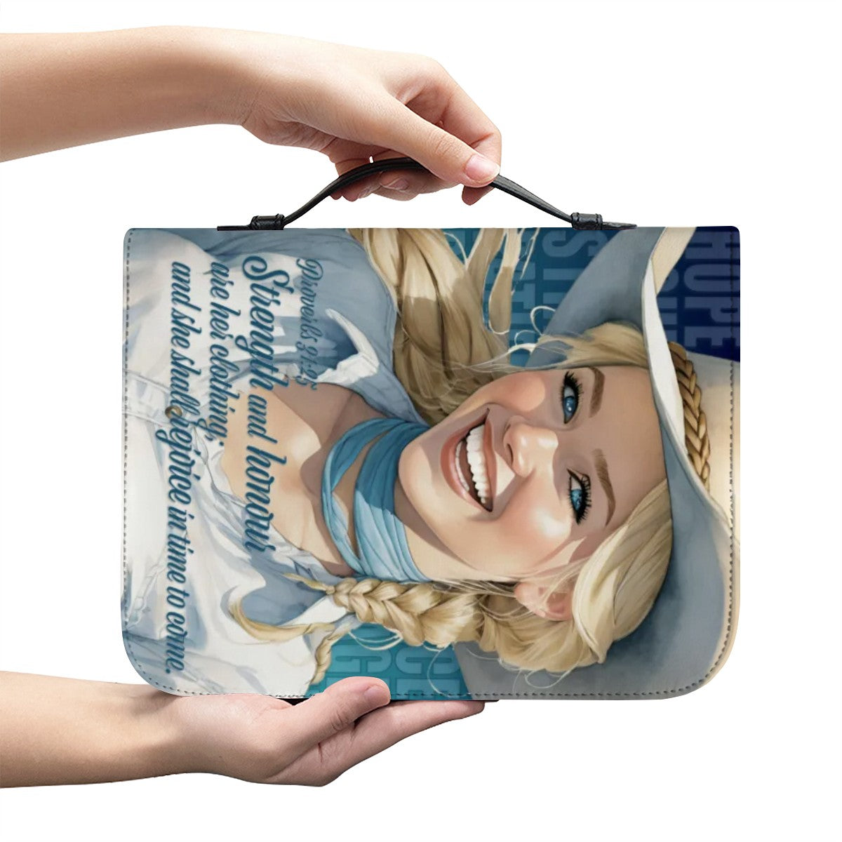 "Uplifted" Joyful Cowgirl Proverbs 46:5 Faux Leather Bible Cover - Blue (4 Sizes)