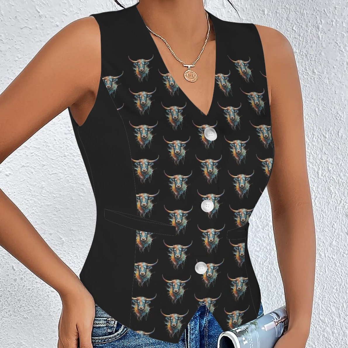 Watercolor Steer 3-Button Fashion Vest - Jet Black