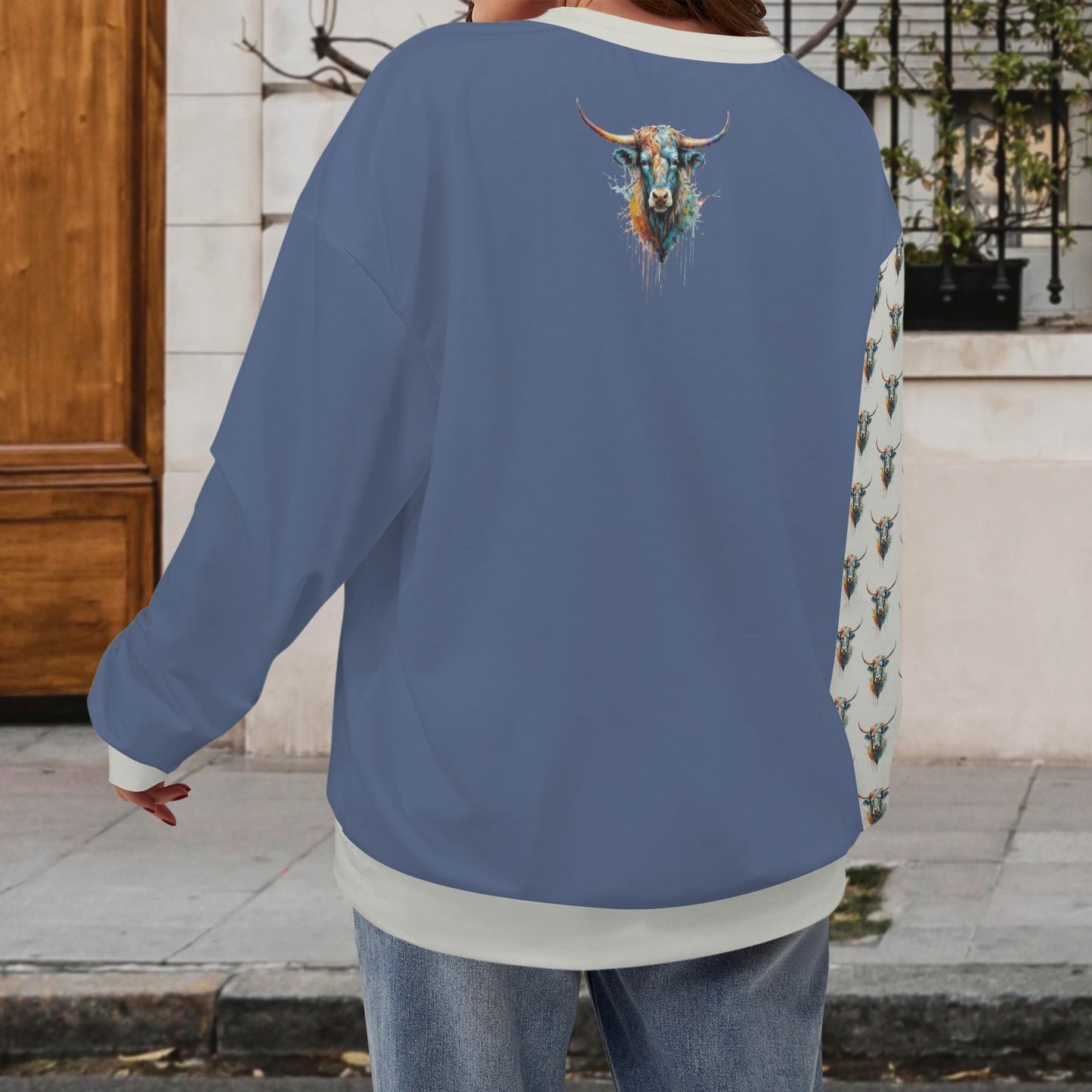 Watercolor Steer - Crew Neck Dropped Shoulder - Sweatshirt