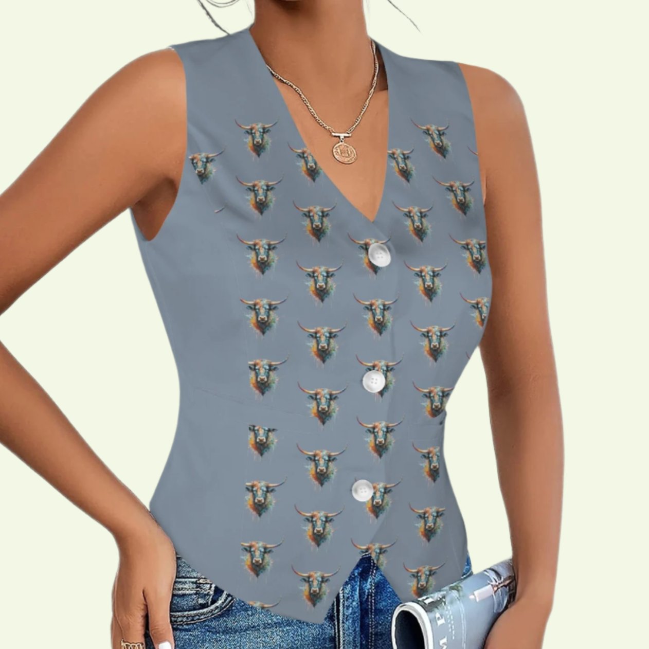 Watercolor Steer Cornflower Blue Fashion Vest