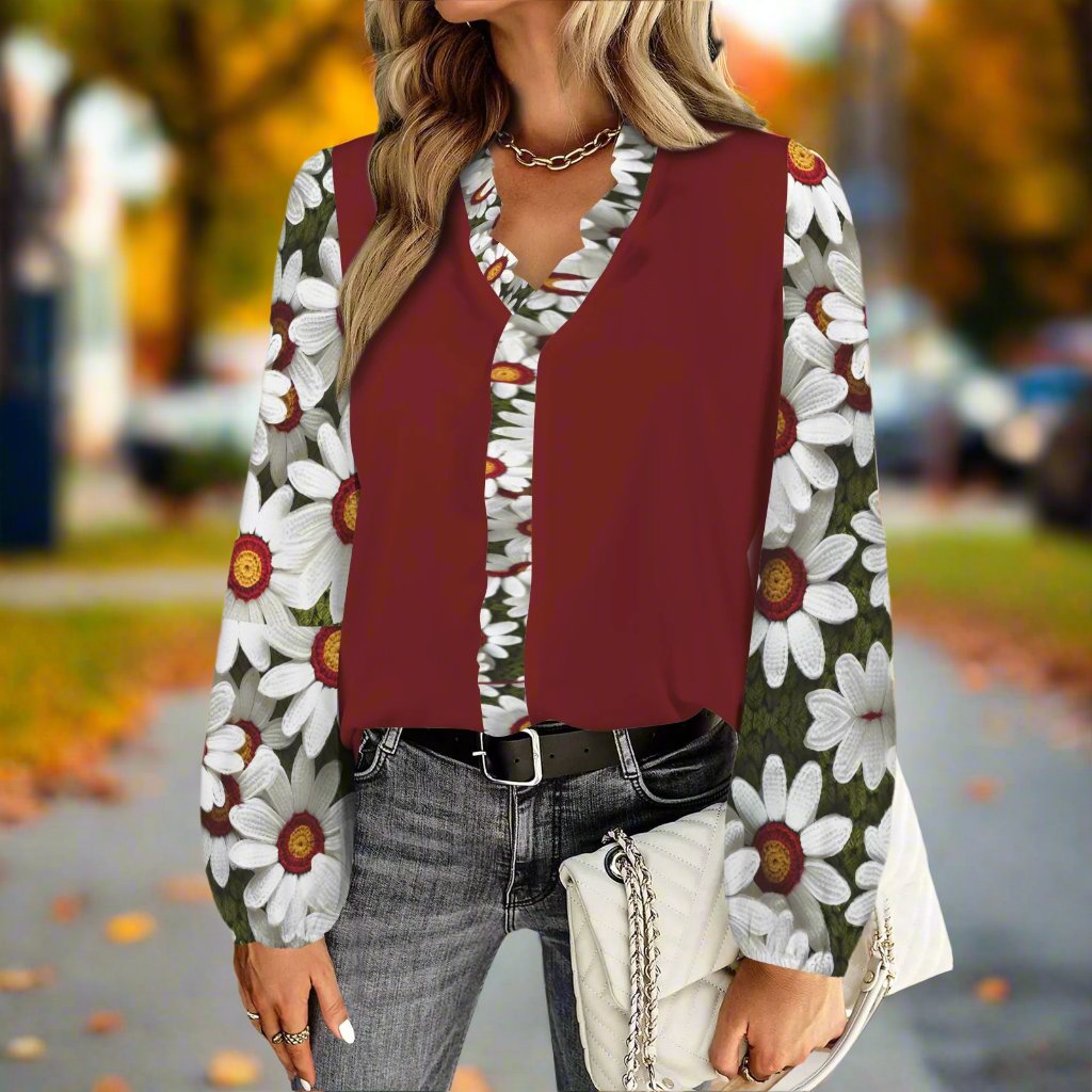 Boho Crochet Daisies - Ruffle Collar & Placket Long Sleeve Top - Burgundy