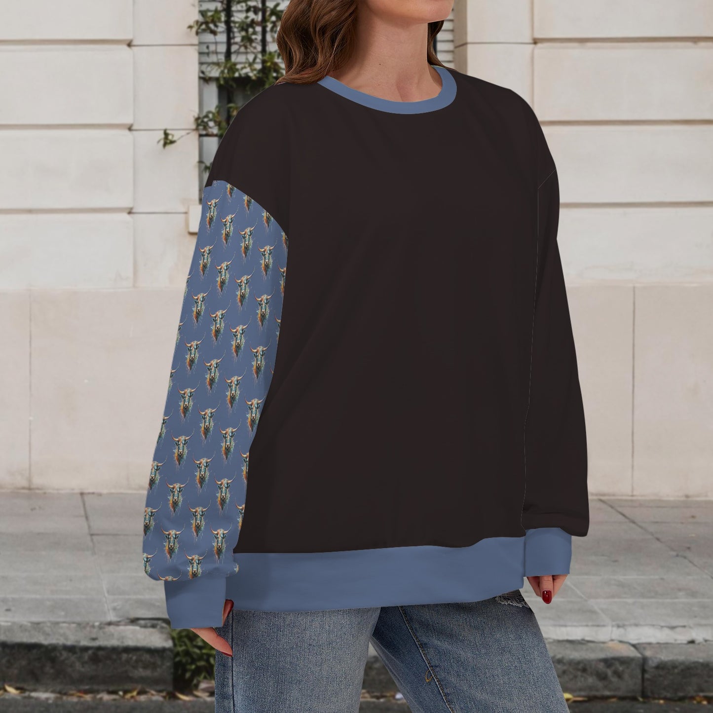 Watercolor Steer Crew Neck Dropped Shoulder Sweatshirt - Jet Black / Cornflower Blue