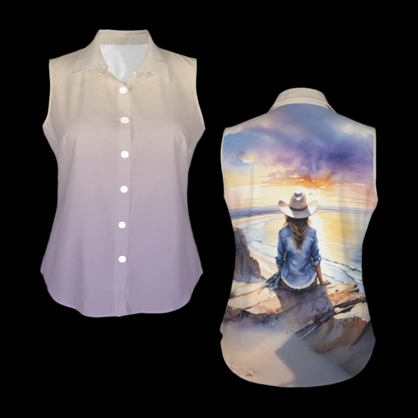 Saltwater Cowgirl Sleeveless Button-down Blouse with Lavender Ombre Front