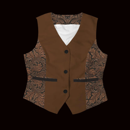 Cognac Fashion Vest with Tooled Leather-Look Panels and Button Front