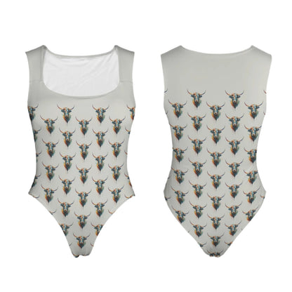 Watercolor Steer Sleeveless Square Neckline Bodysuit - Stone Gray