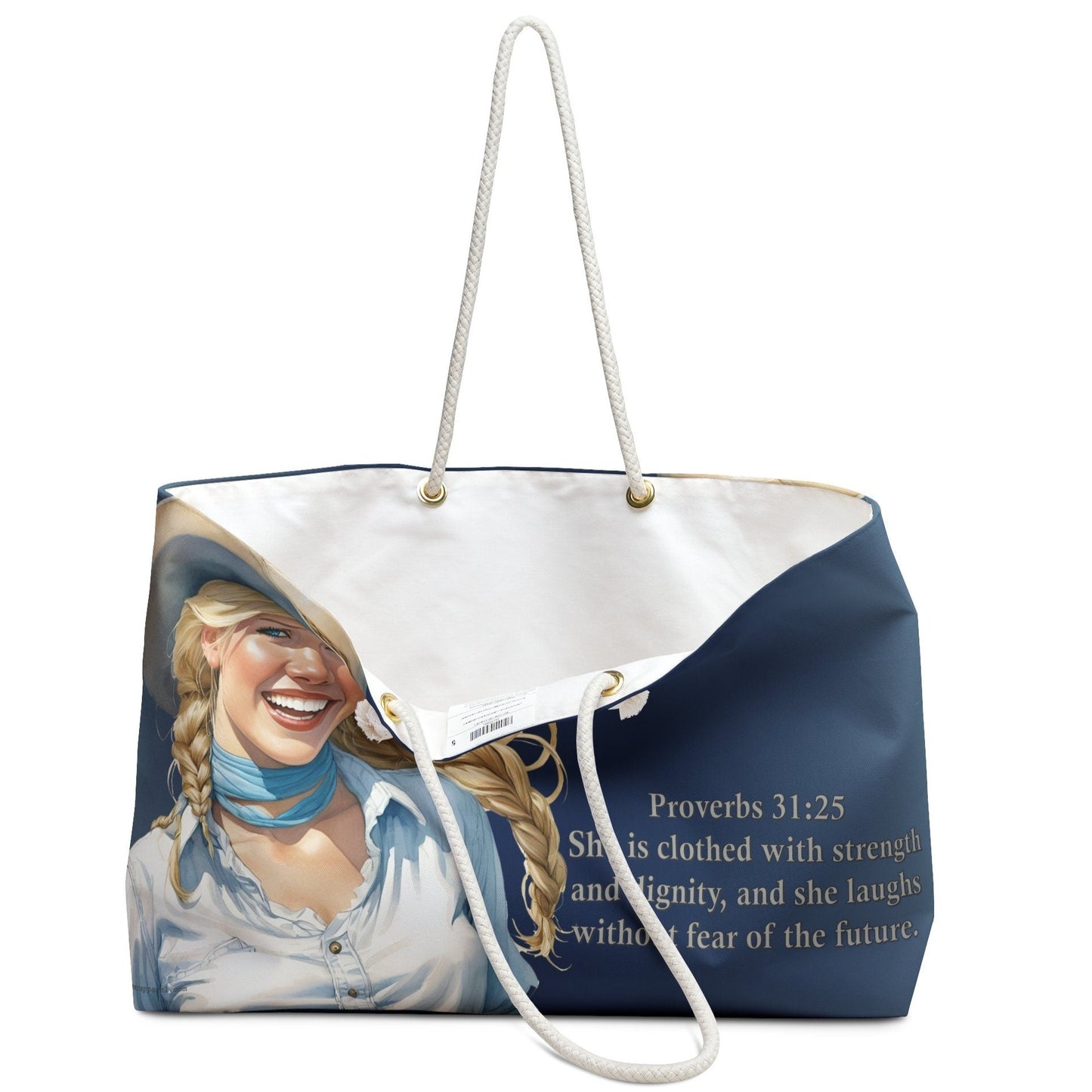 Uplifted Christian Blond Cowgirl Bible Verse Weekender Bag - Proverbs 31:25