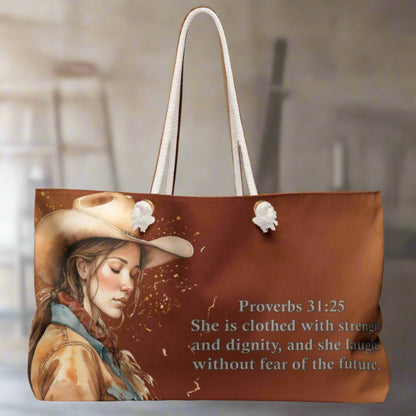 "Uplifted" Christian Cowgirl Bible Verse Weekender Bag - Deuteronomy 31:6