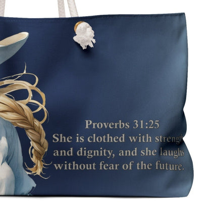 Uplifted Christian Blond Cowgirl Bible Verse Weekender Bag - Proverbs 31:25