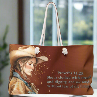 "Uplifted" Christian Cowgirl Bible Verse Weekender Bag - Deuteronomy 31:6