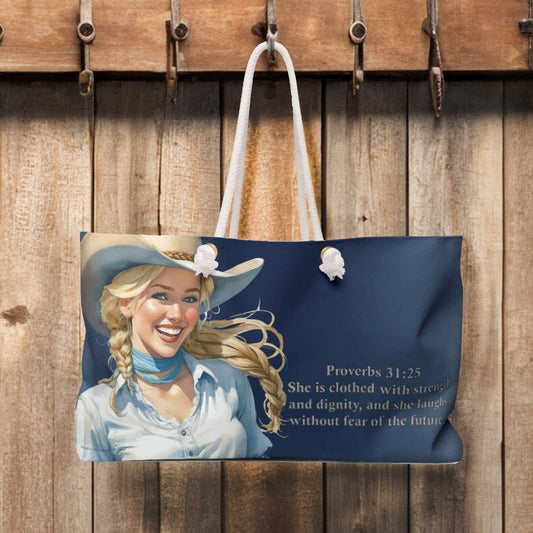 Uplifted Christian Blond Cowgirl Bible Verse Weekender Bag - Proverbs 31:25