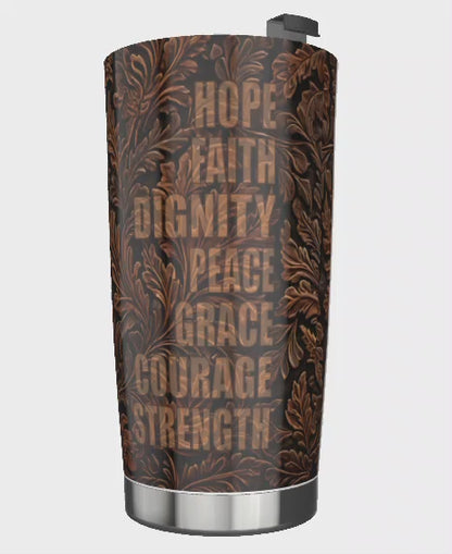 Tooled Leather Look Stainless Steel Tumbler Words of Virtue - 20 oz (VIDEO) **FREE SHIPPING**