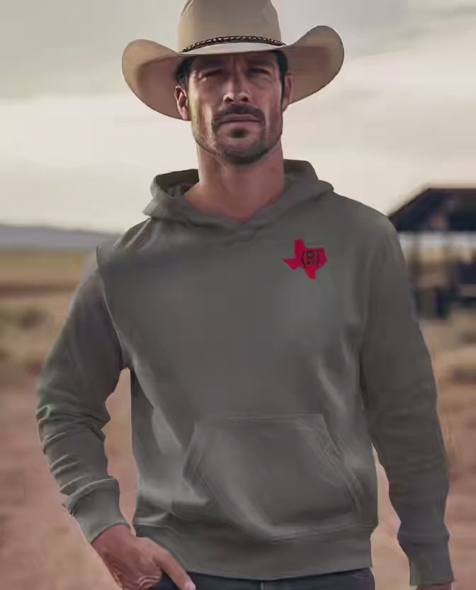 Charcoal gray hoodie sweatshirt imprinted with a red shape of Texas on the chest which has a (R) over the top. Model is a handsome< rugged cowboy in a western hat.  Video created with AI.