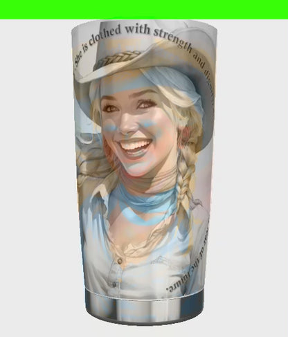 "Uplifted" Joyful Cowgirl Proverbs 31:25 Watercolors Stainless Steel Tumbler - 20 oz **FREE SHIPPING** (Video)