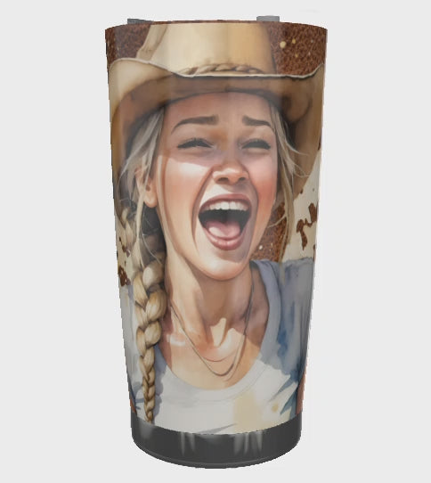 20 oz stainless steel tumbler with laughing joyful cowgirl and Bible verse