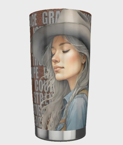 20 oz stainless steel tumbler with cowgirl, leather, and words of virtue - video