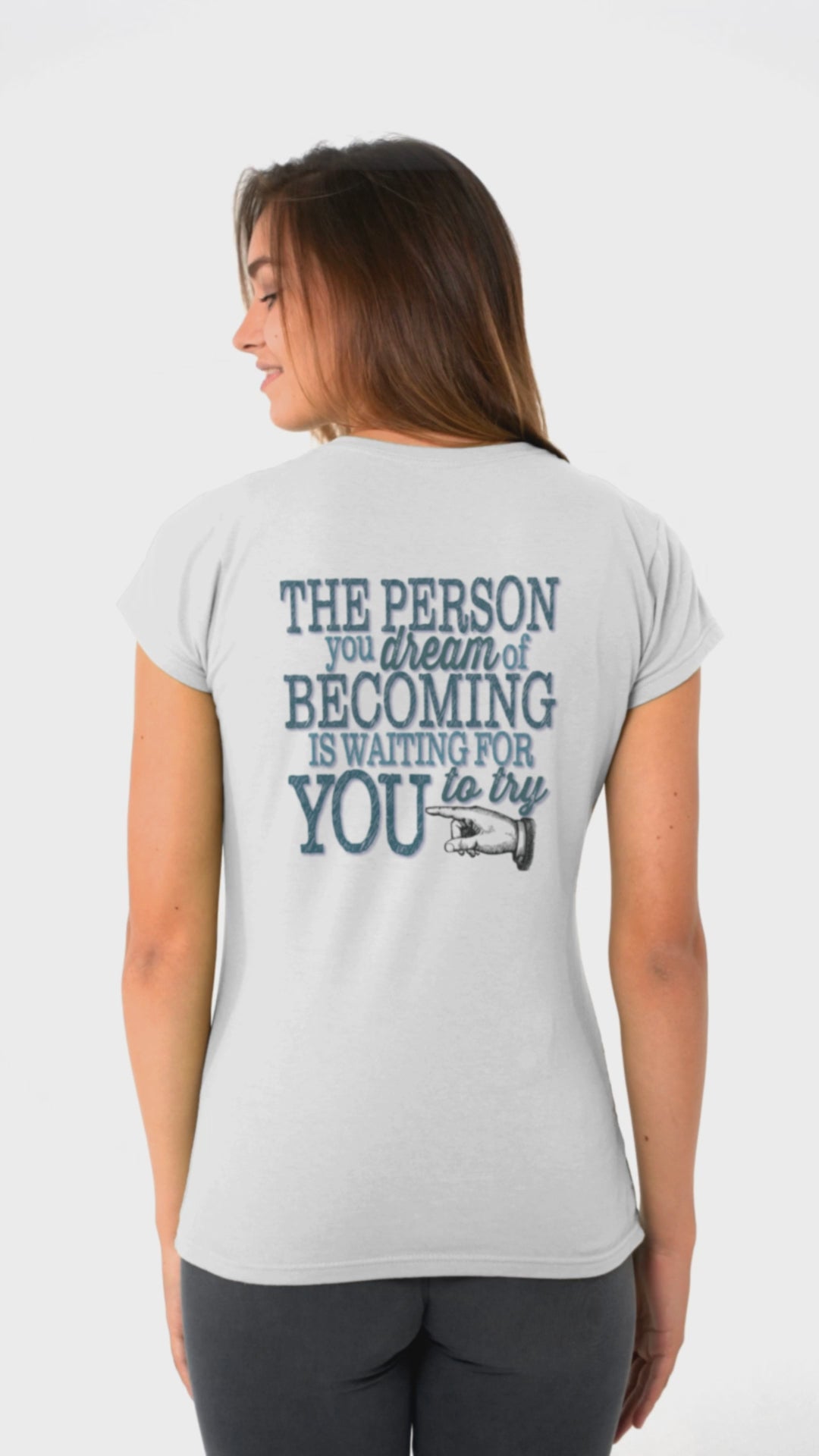 Sometimes the only thing that stands between you and your dreams, is YOU. We've added "The person you dream of becoming is waiting for YOU to try" on the back.  We hope that it helps to motivate and inspire not only the wearer, but those who see it. Live your dreams!