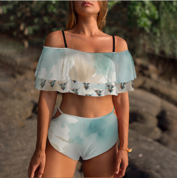 Watercolor Steer Ruffle Hem Off-Shoulder 2 Piece Bikini Set